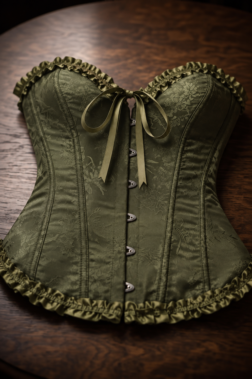 Corsé Rosalind Verde militar – sobre mesa de madera