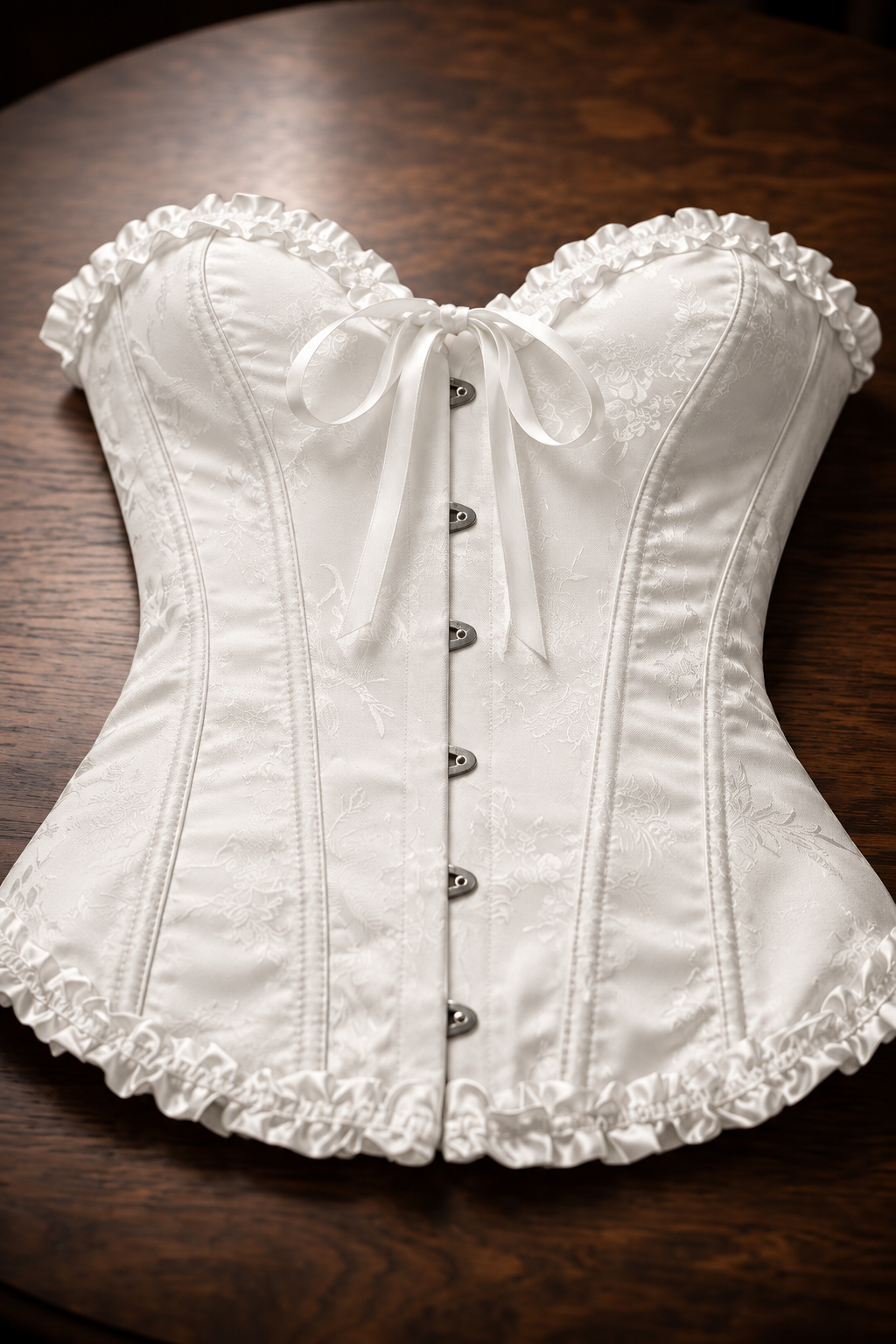 Corsé Rosalind Blanco – sobre mesa de madera