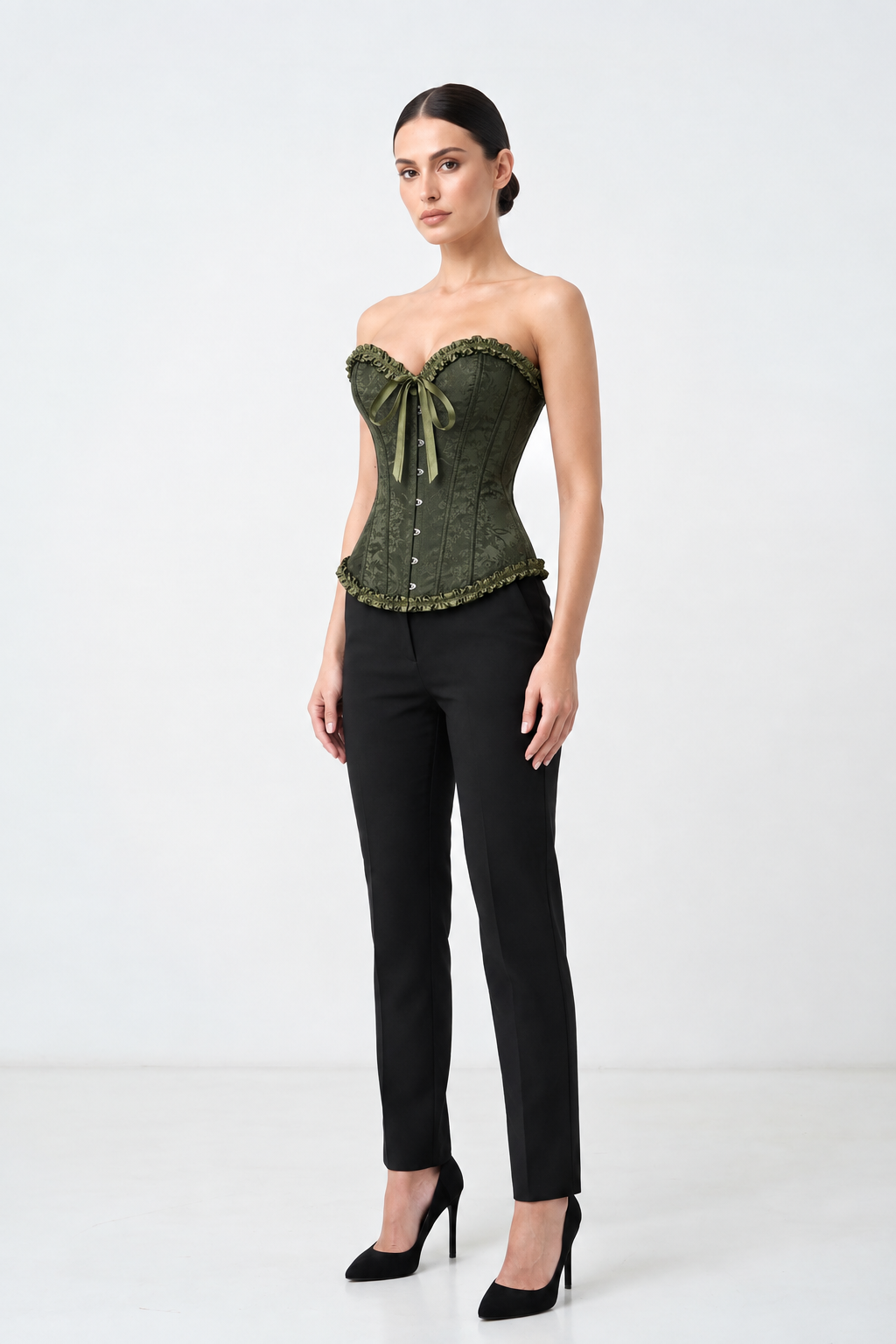 Corsé Rosalind Verde militar – modelo de cuerpo completo