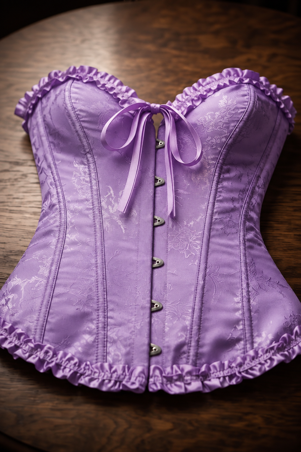 Corsé Rosalind Púrpura – sobre mesa de madera