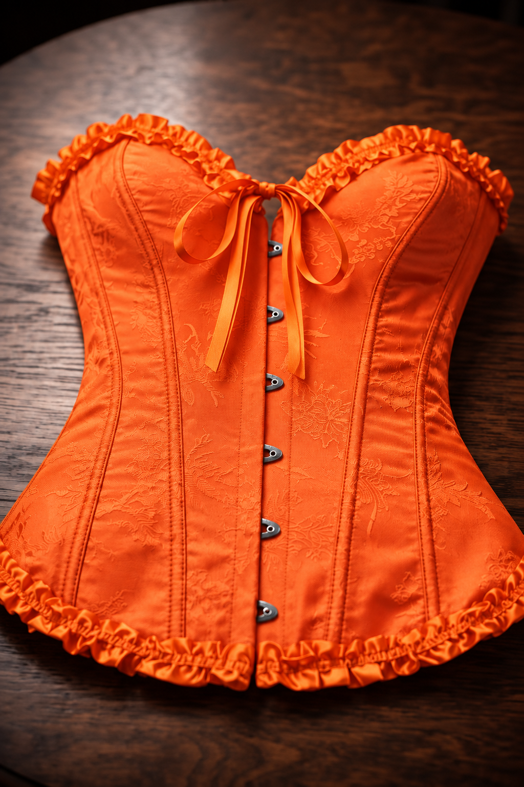 Corsé Rosalind Naranja – sobre mesa de madera