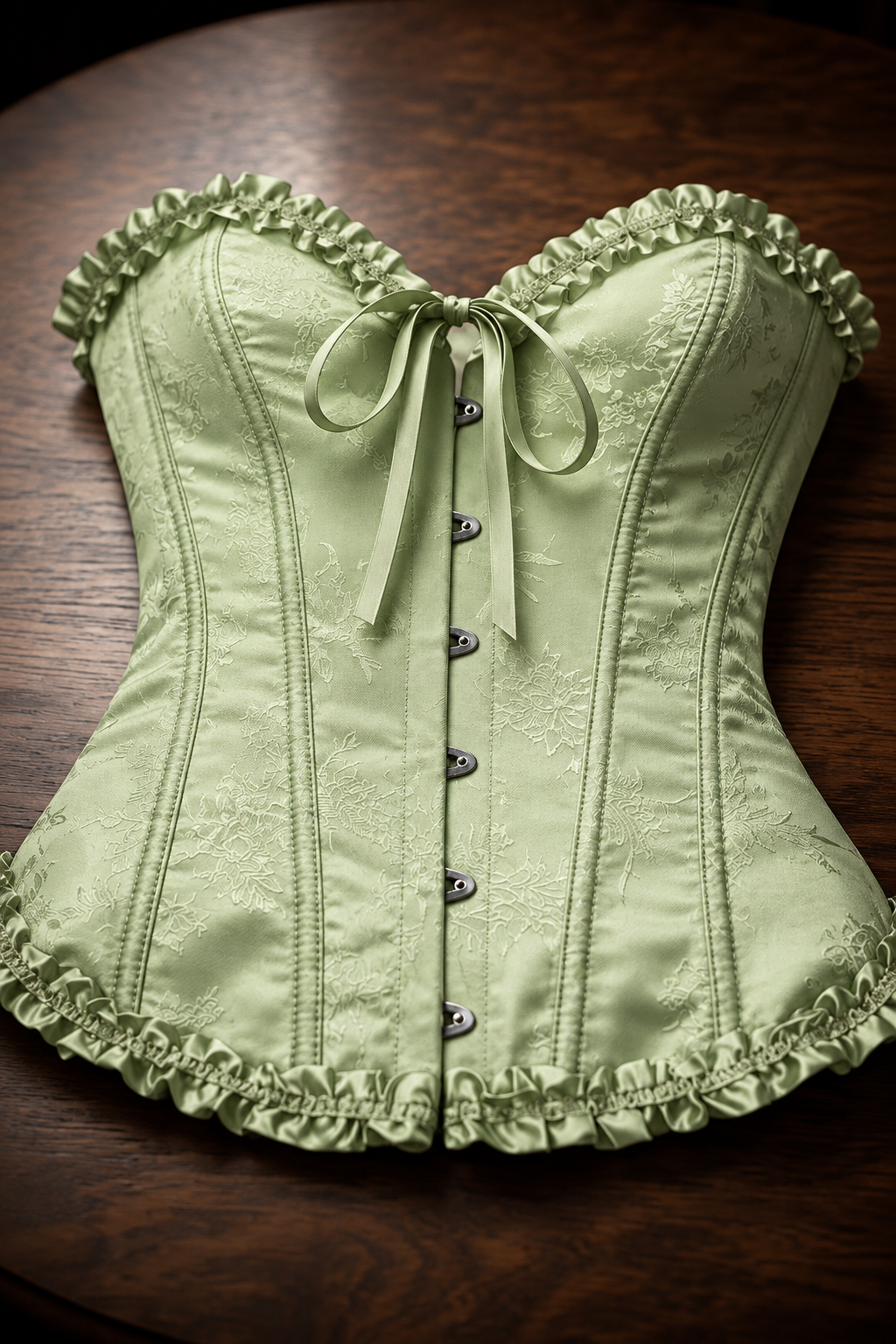 Corsé Rosalind Verde claro – sobre mesa de madera