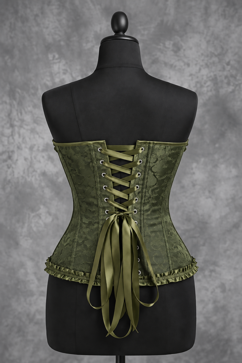 Corsé Rosalind Verde militar – maniquí por detrás con cordones