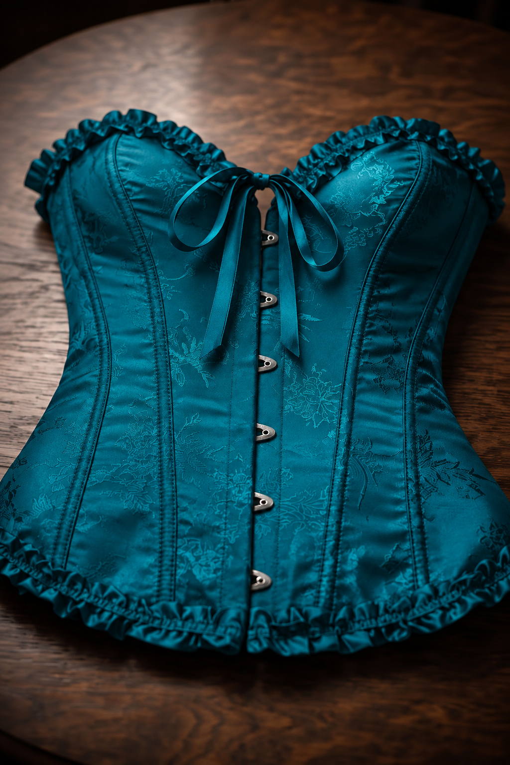 Corsé Rosalind Azul oscuro – sobre mesa de madera
