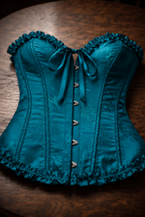 Corsé Rosalind Azul oscuro – sobre mesa de madera